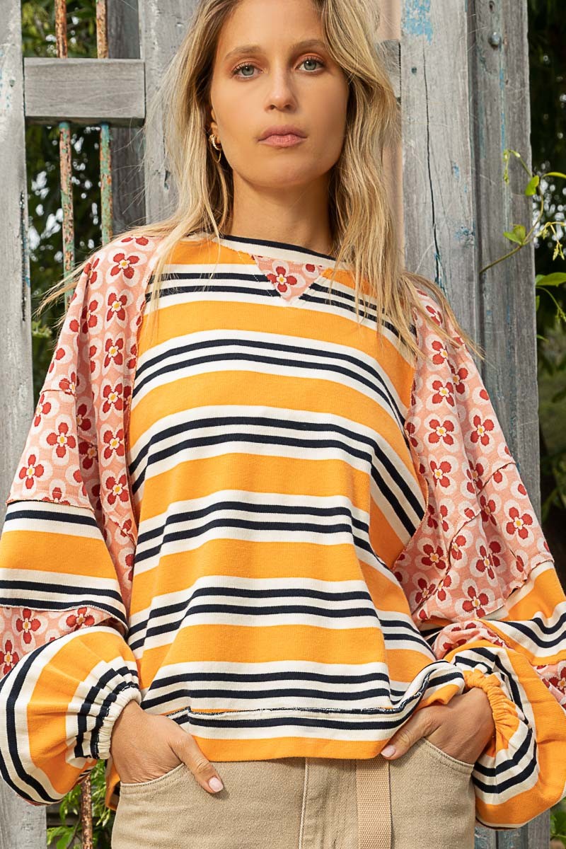 POL Boat Neck Contrast Stripe Pattern Floral Print Top - Roulhac Fashion Boutique