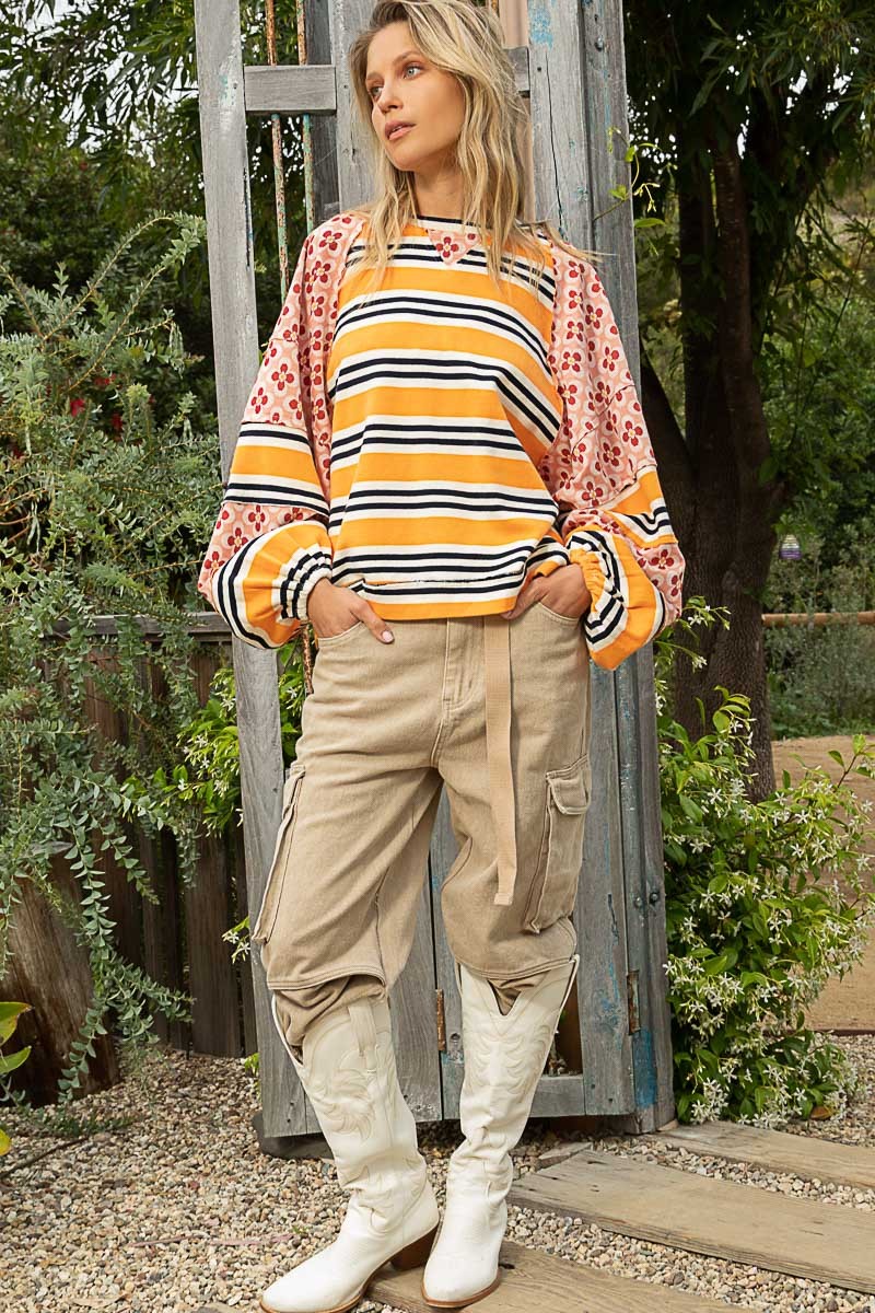 POL Boat Neck Contrast Stripe Pattern Floral Print Top - Roulhac Fashion Boutique