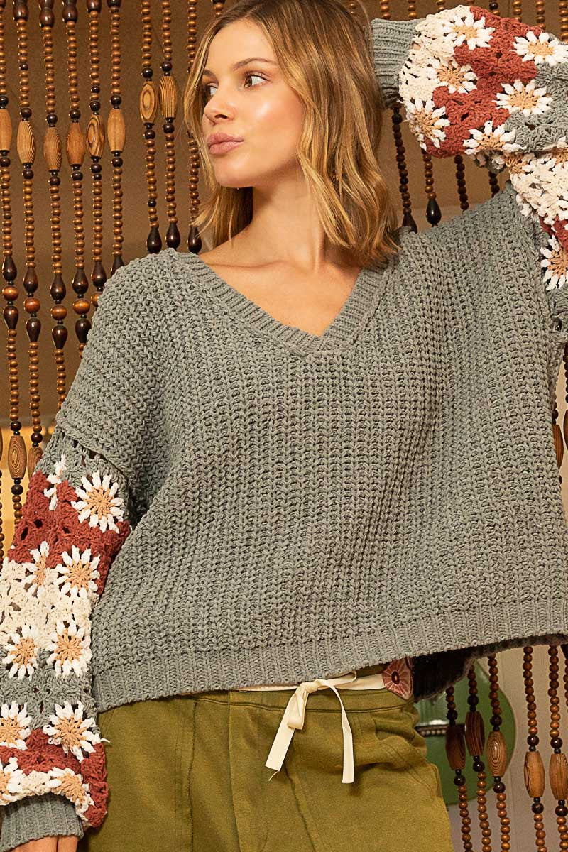 POL Floral Hand Knit Square Patch Sleeves Sweater Top