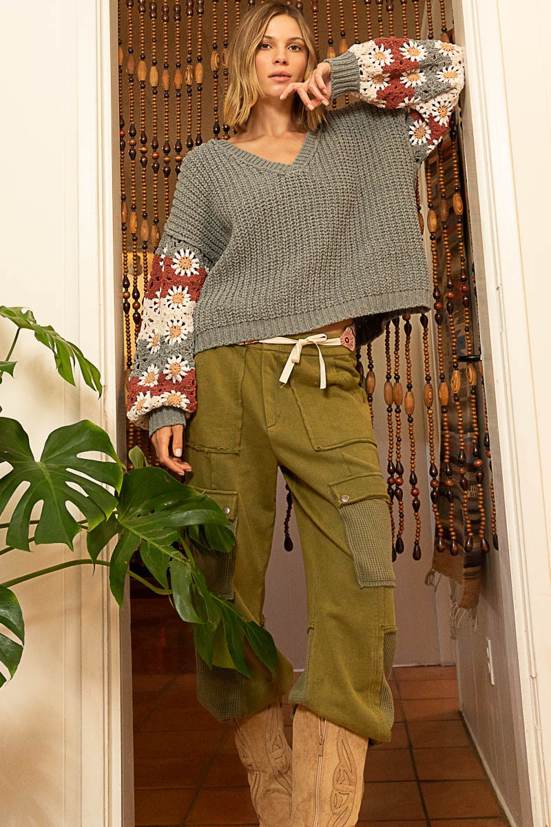 POL Floral Hand Knit Square Patch Sleeves Sweater Top