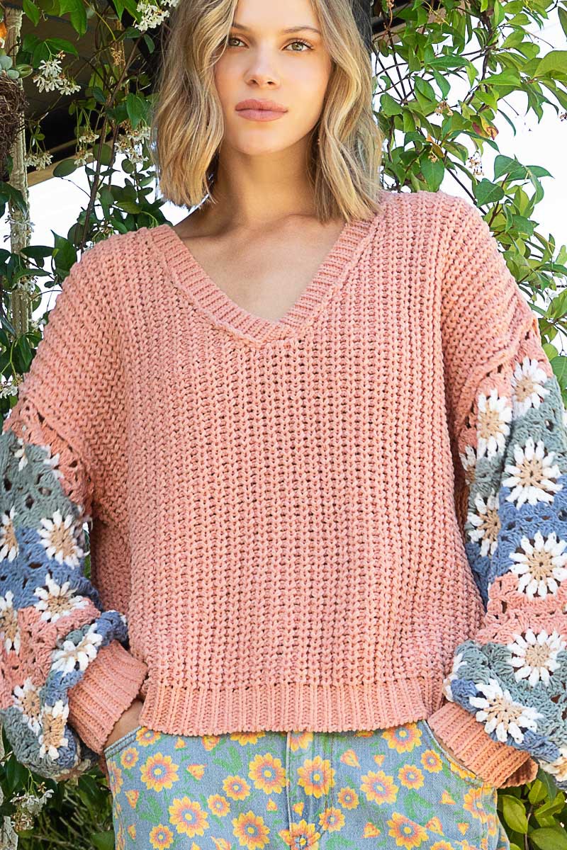 POL Floral Hand Knit Square Patch Sleeves Sweater Top