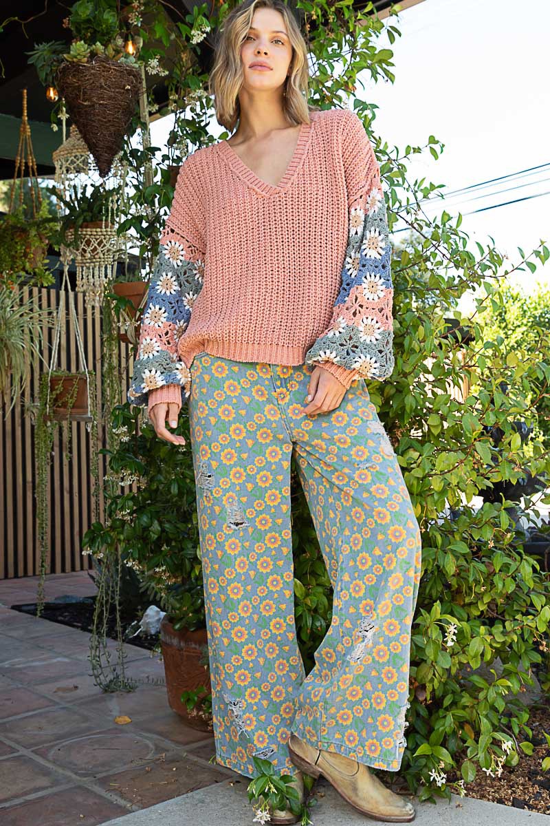 POL Floral Hand Knit Square Patch Sleeves Sweater Top