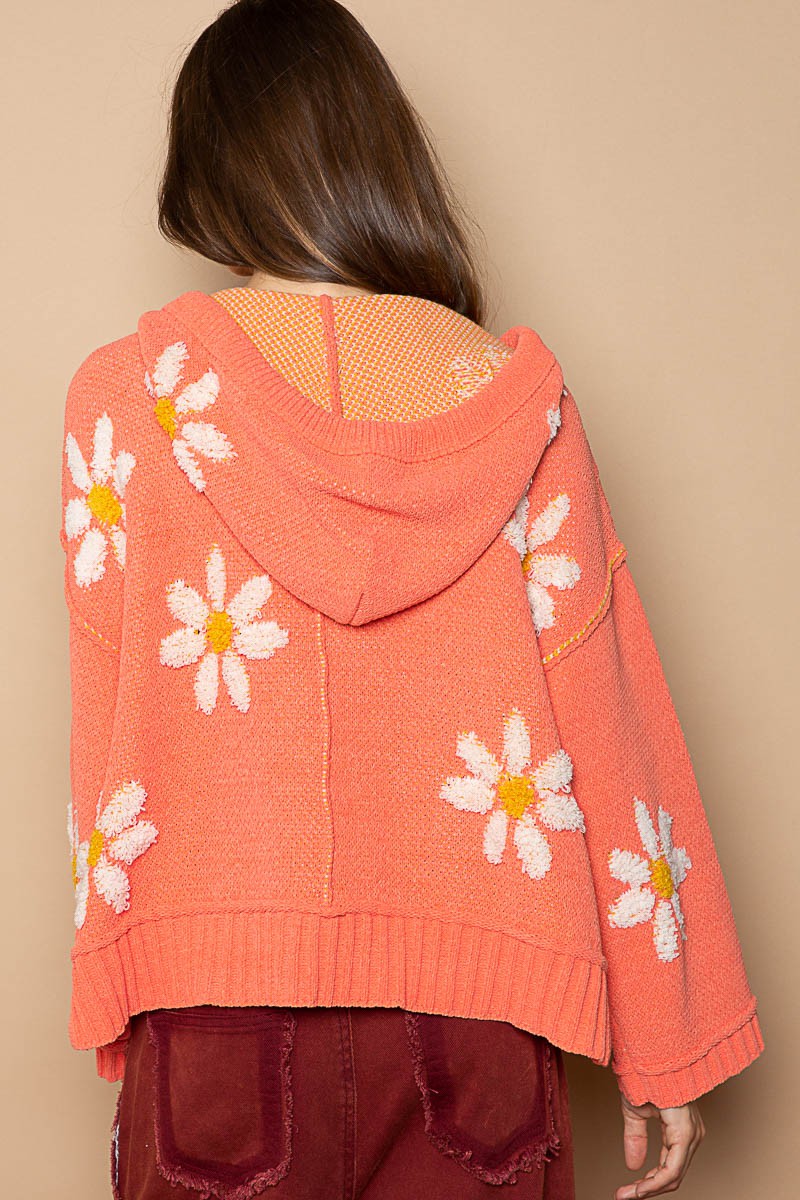 POL Hooded V Neck Floral Pattern Pullover Sweater Top
