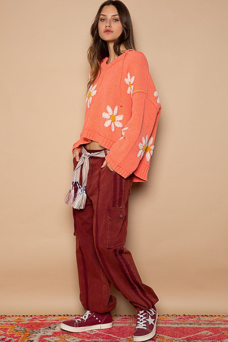 POL Hooded V Neck Floral Pattern Pullover Sweater Top