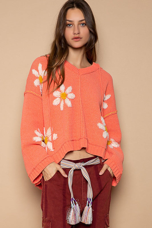 POL Hooded V Neck Floral Pattern Pullover Sweater Top