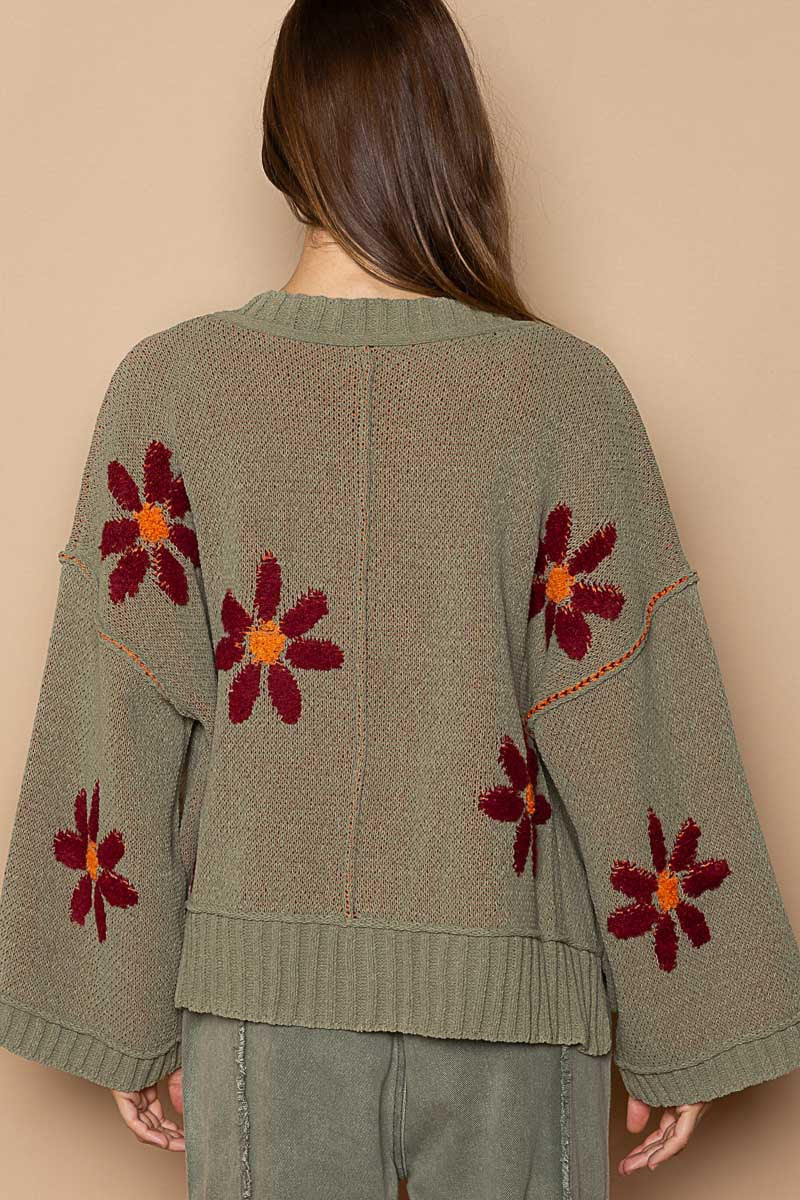 POL Fleece Floral Pattern Button Down Cardigan Sweater Top