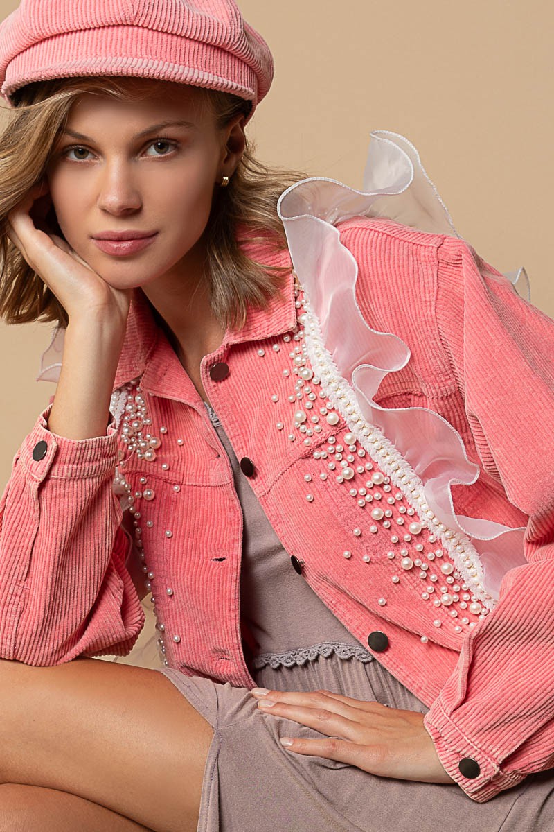 POL Embellish Pearls Mesh Ruffle Trim Corduroy Relaxed Fit Jacket