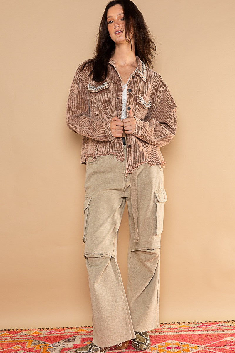 POL Pearl Stone Studs Collar Button Down Corduroy Frayed Edge Jacket