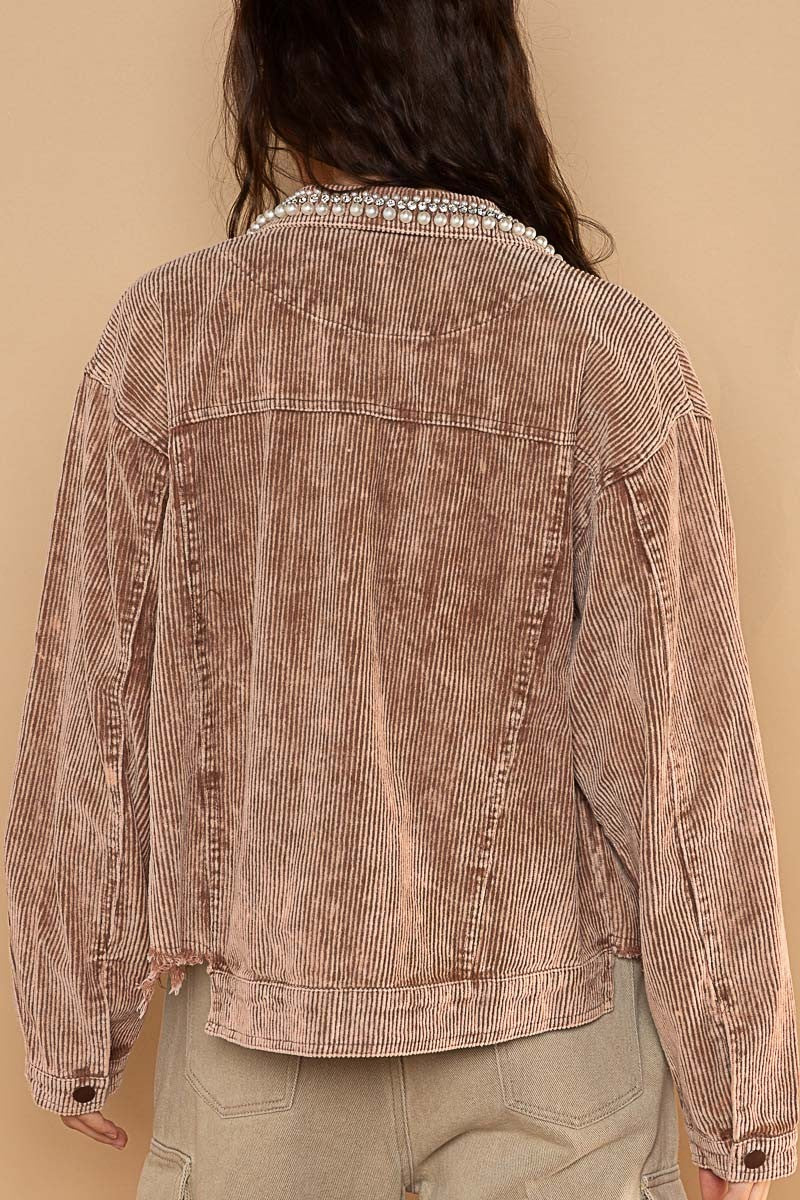 POL Pearl Stone Studs Collar Button Down Corduroy Frayed Edge Jacket - Roulhac Fashion Boutique