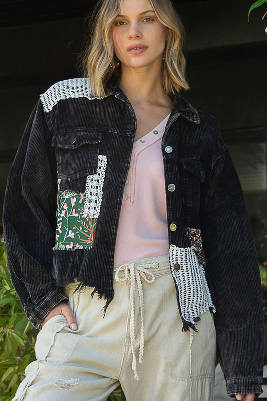 POL Button Down Contrast Patches Corduroy Relaxed Fit Jacket - Roulhac Fashion Boutique