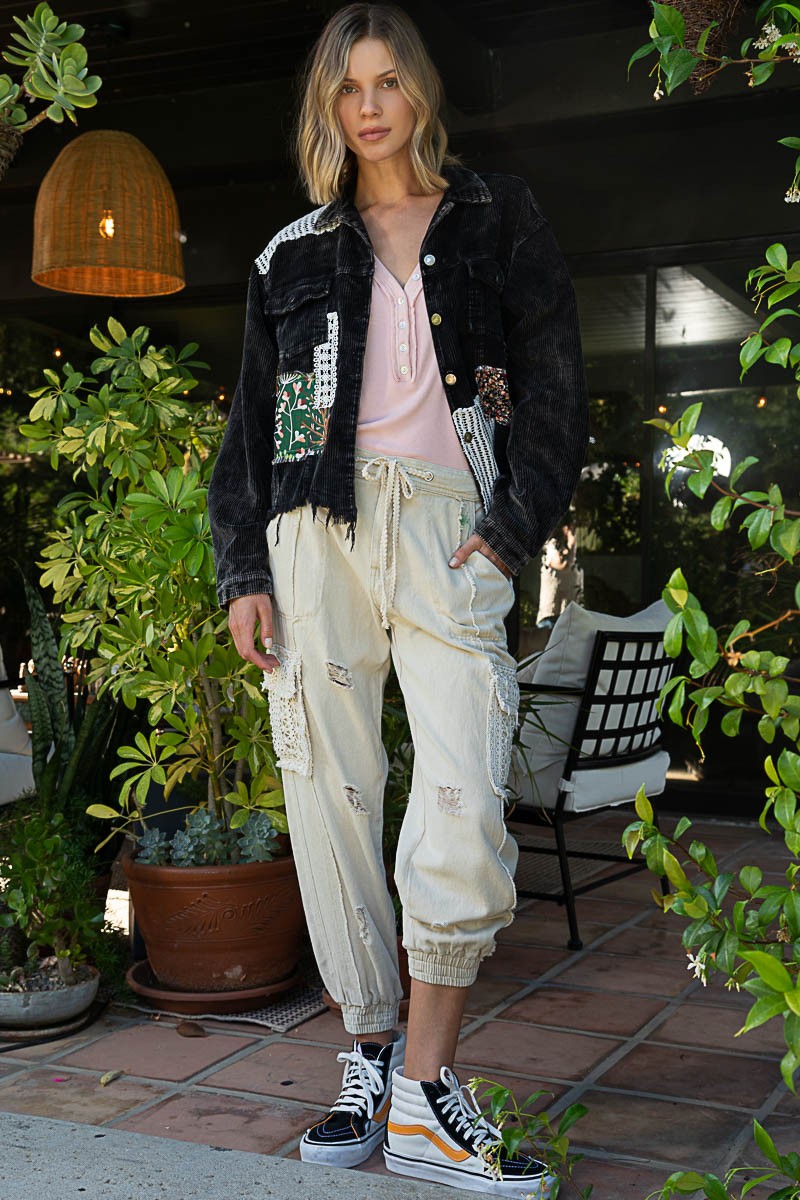 POL Button Down Contrast Patches Corduroy Relaxed Fit Jacket - Roulhac Fashion Boutique