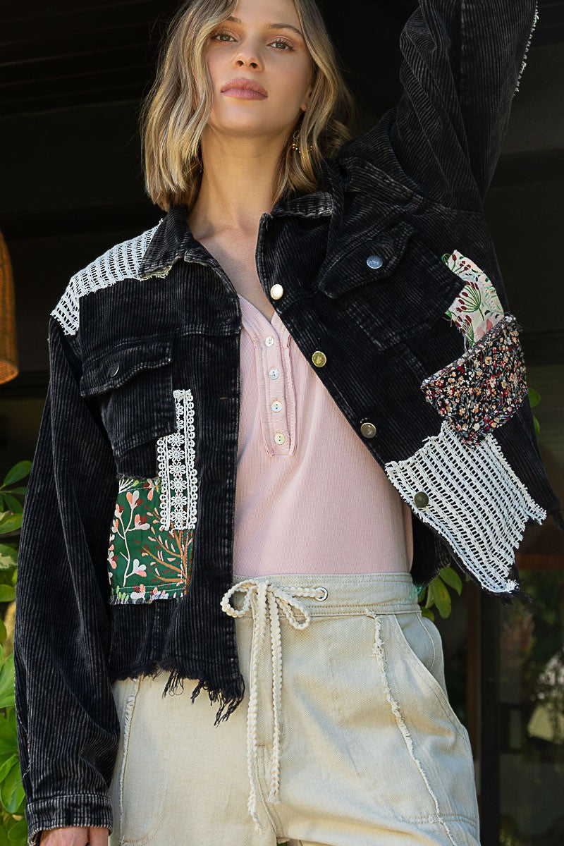 POL Button Down Contrast Patches Corduroy Relaxed Fit Jacket - Roulhac Fashion Boutique