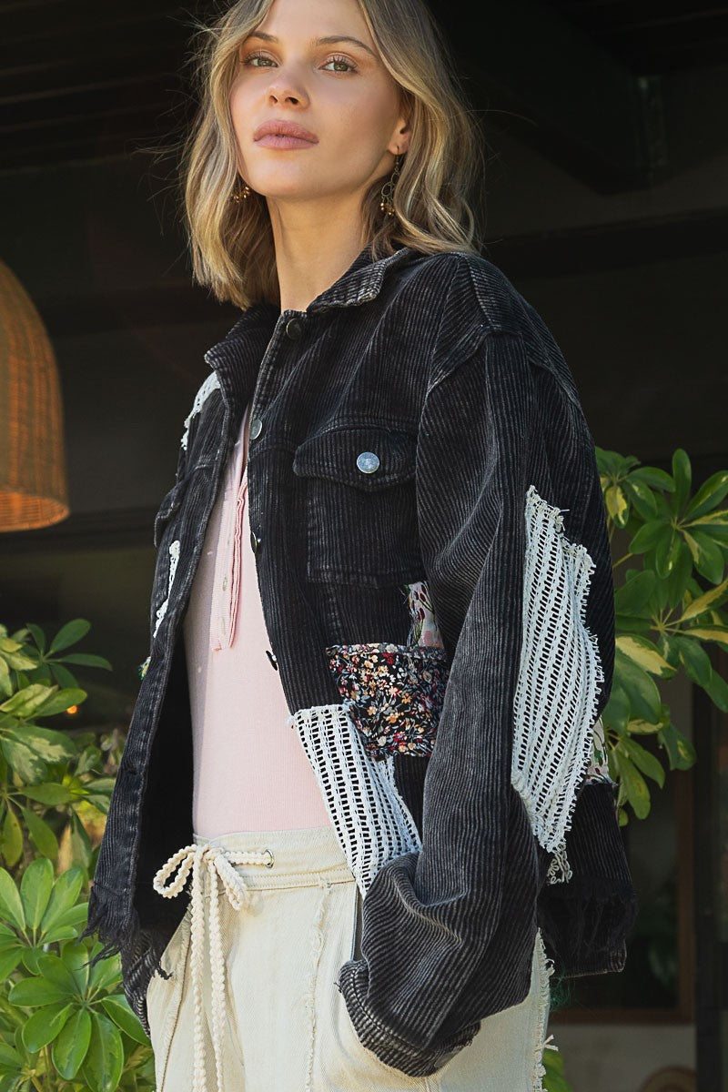 POL Button Down Contrast Patches Corduroy Relaxed Fit Jacket - Roulhac Fashion Boutique