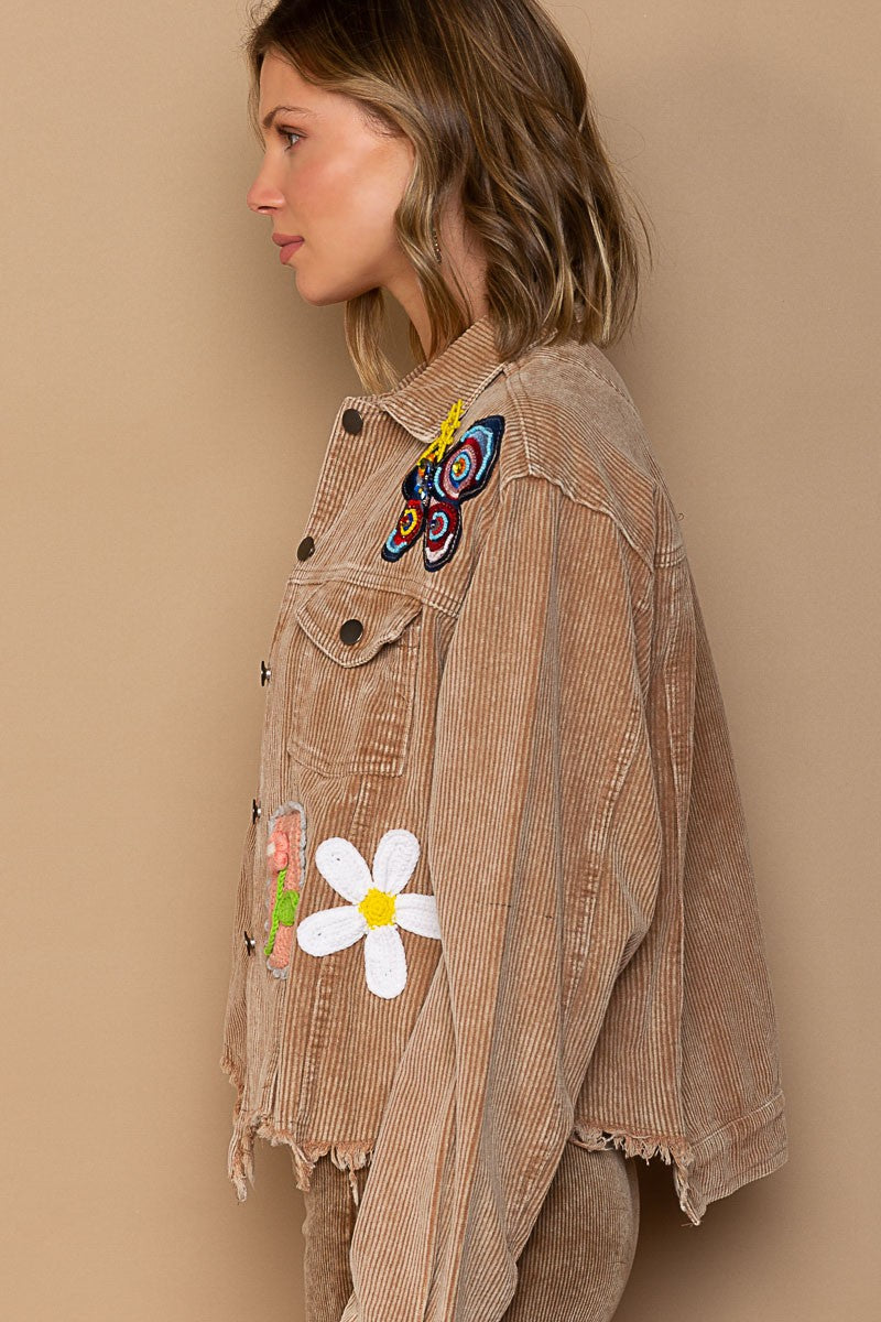 POL Button Down Fun Patch Chest Pocket Corduroy Relaxed Fit Jacket - Roulhac Fashion Boutique