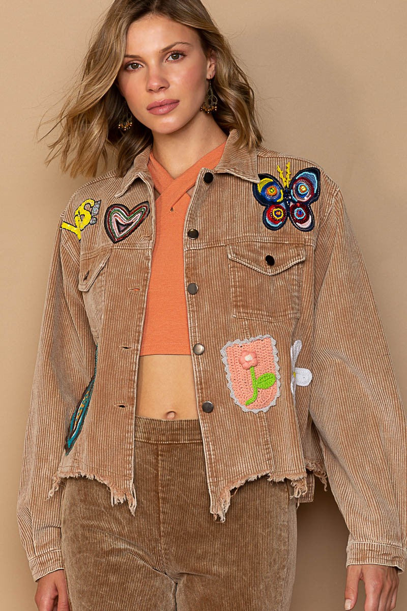 POL Button Down Fun Patch Chest Pocket Corduroy Relaxed Fit Jacket - Roulhac Fashion Boutique