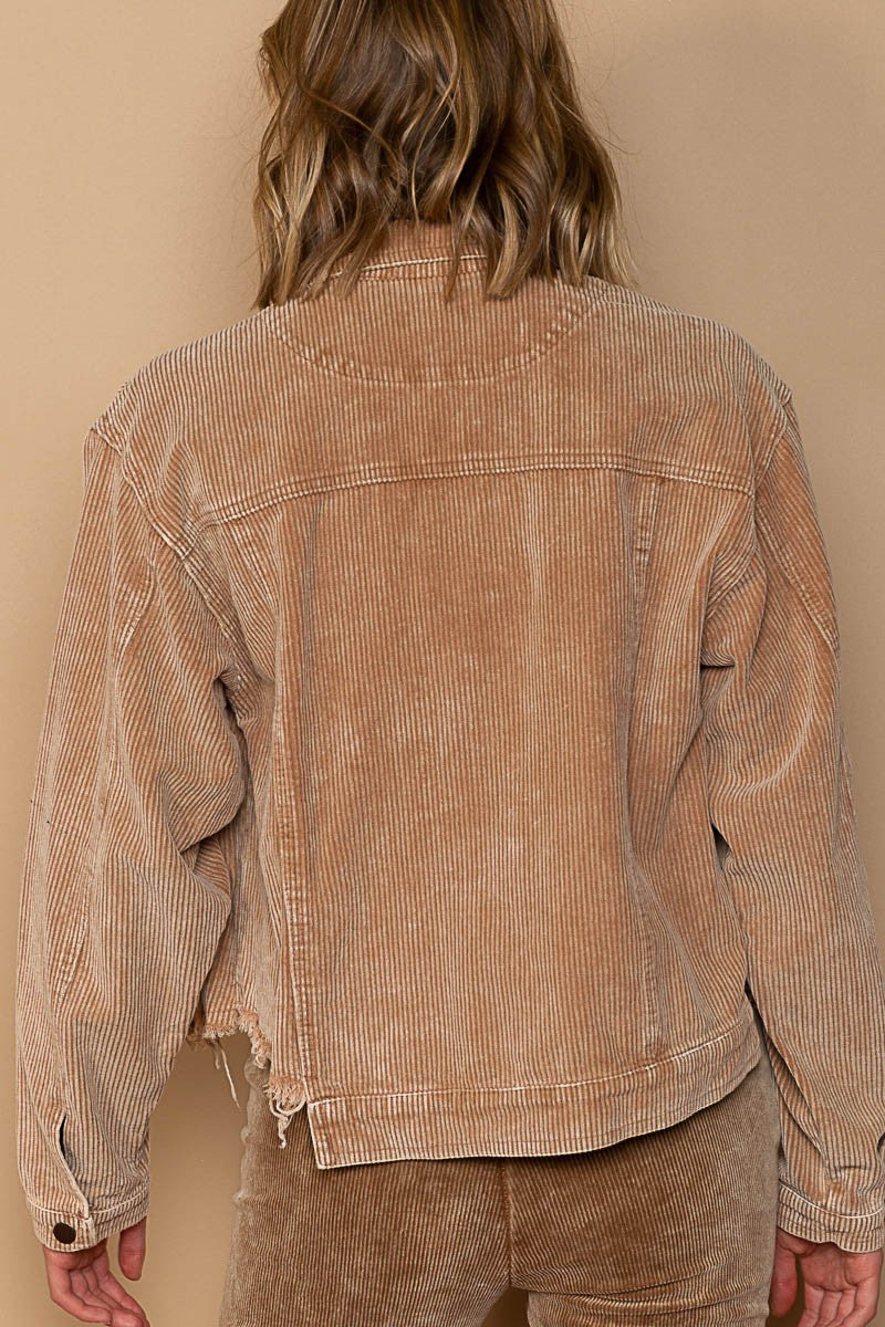 POL Button Down Fun Patch Chest Pocket Corduroy Relaxed Fit Jacket - Roulhac Fashion Boutique