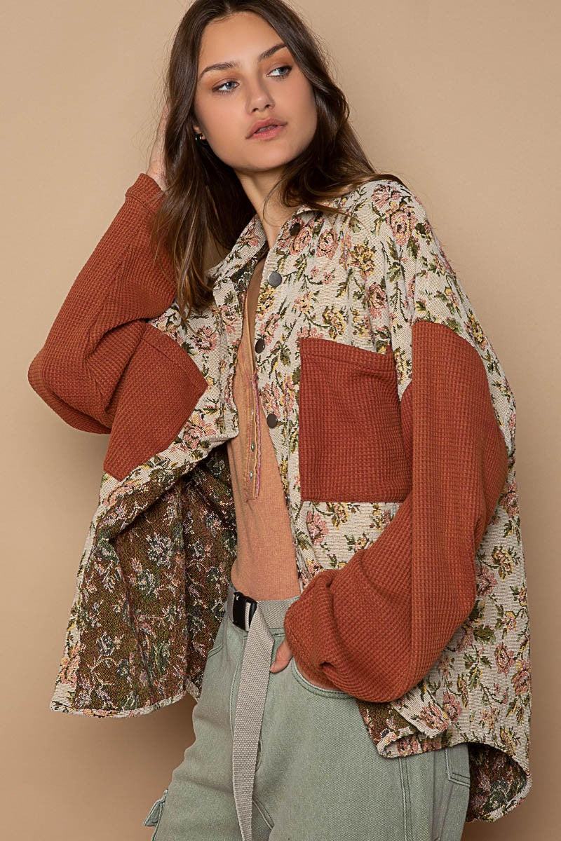 POL Contrast Sleeves Button Down Floral Jacquard Shirt