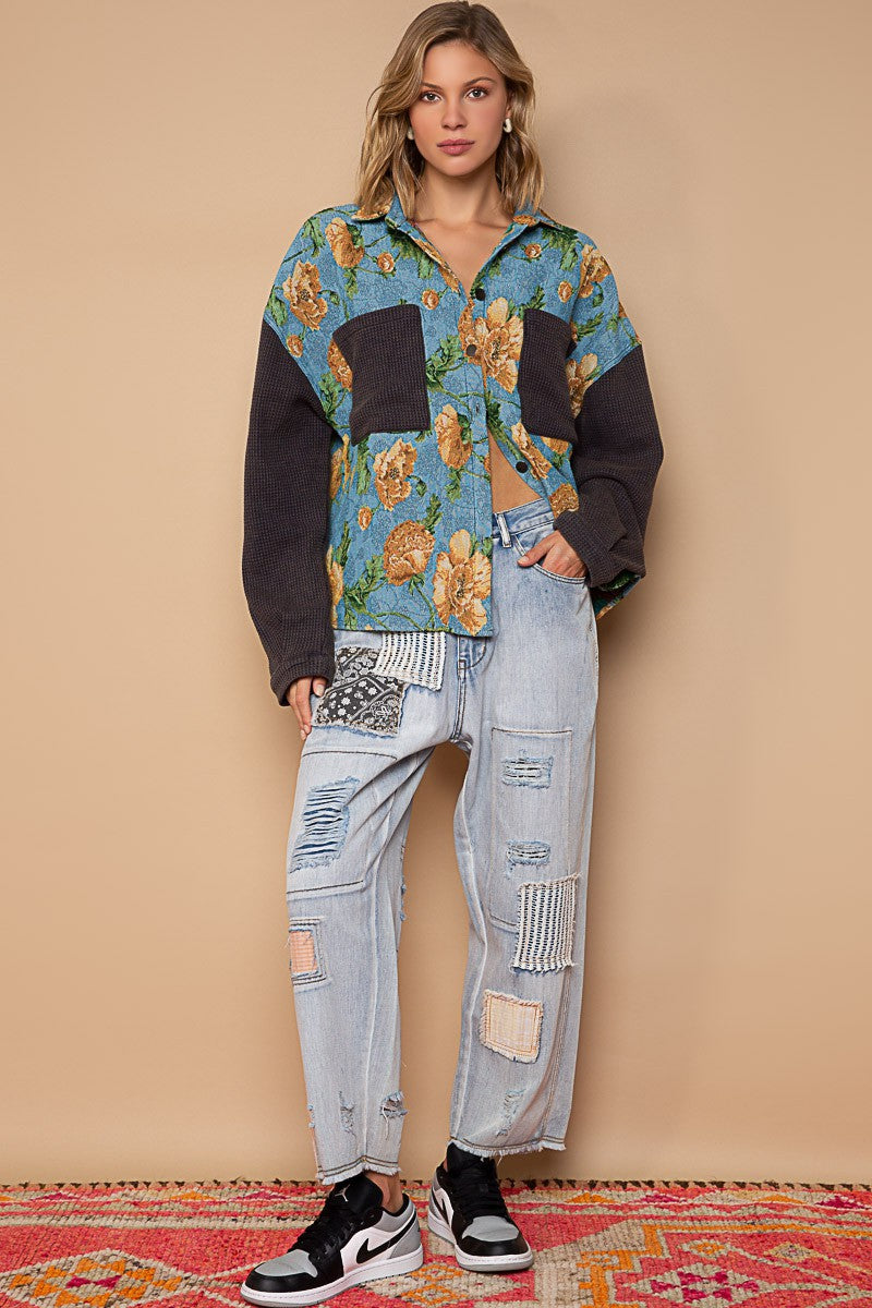 POL Contrast Sleeves Button Down Floral Jacquard Shirt - Roulhac Fashion Boutique