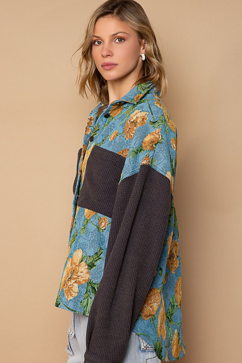 POL Contrast Sleeves Button Down Floral Jacquard Shirt - Roulhac Fashion Boutique
