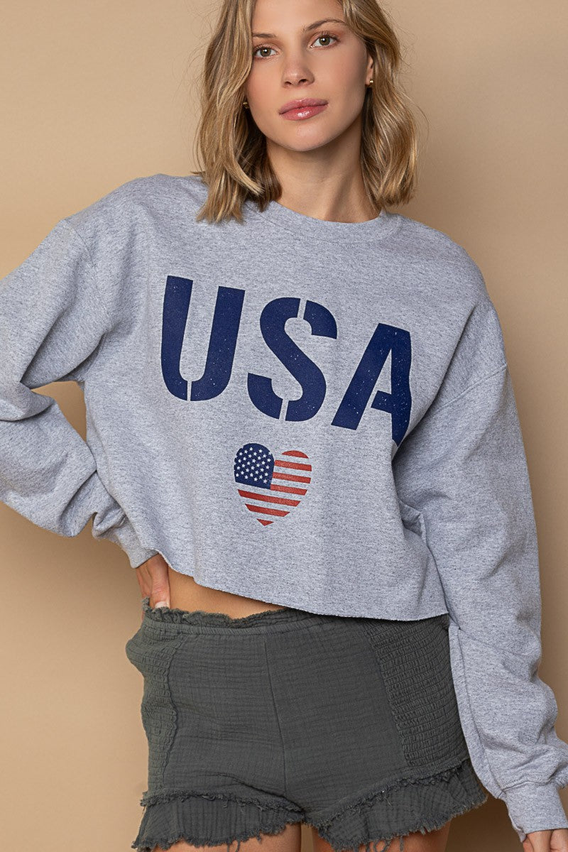 POL Patriotic Usa Print Crew Neck Cropped Sweatshirt Top
