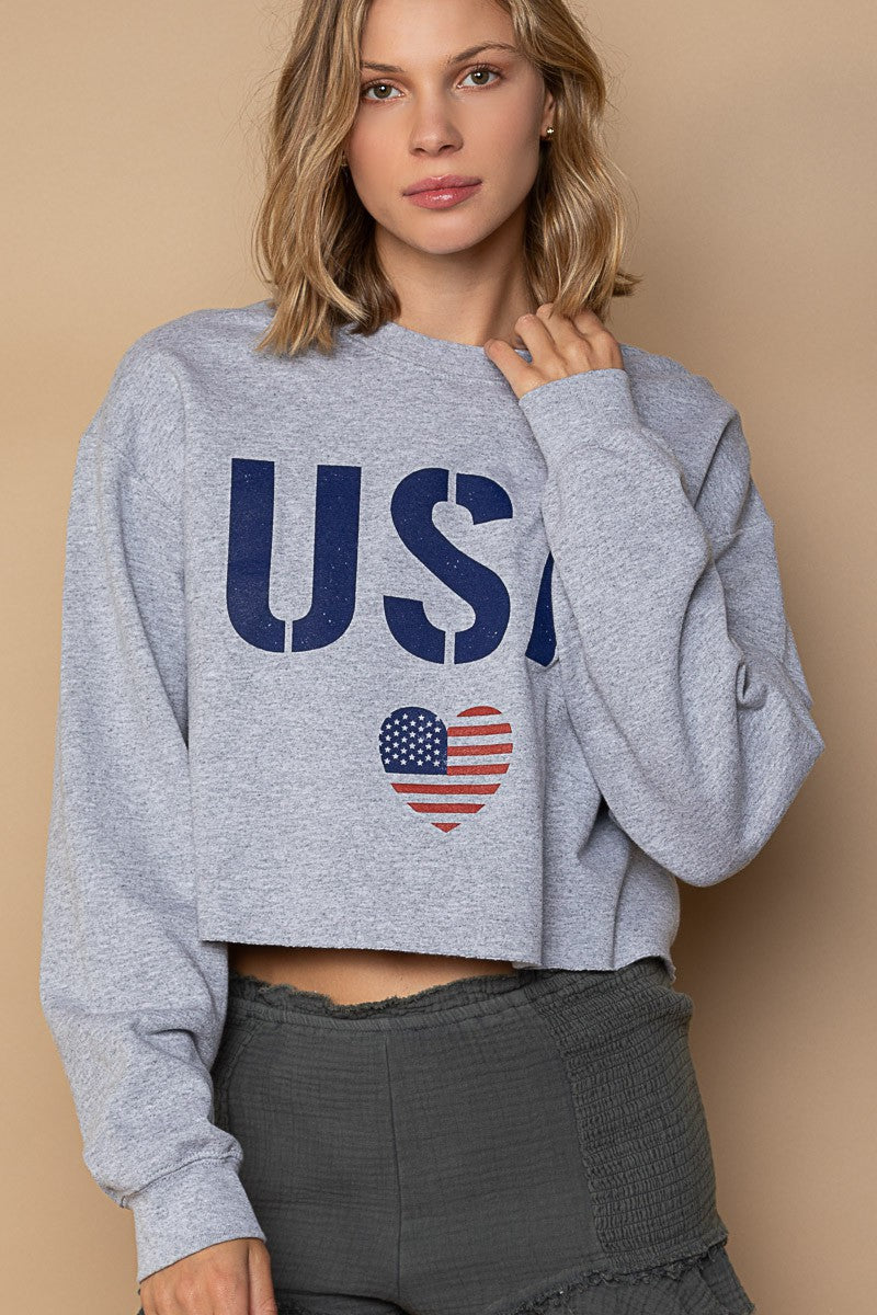 POL Patriotic Usa Print Crew Neck Cropped Sweatshirt Top