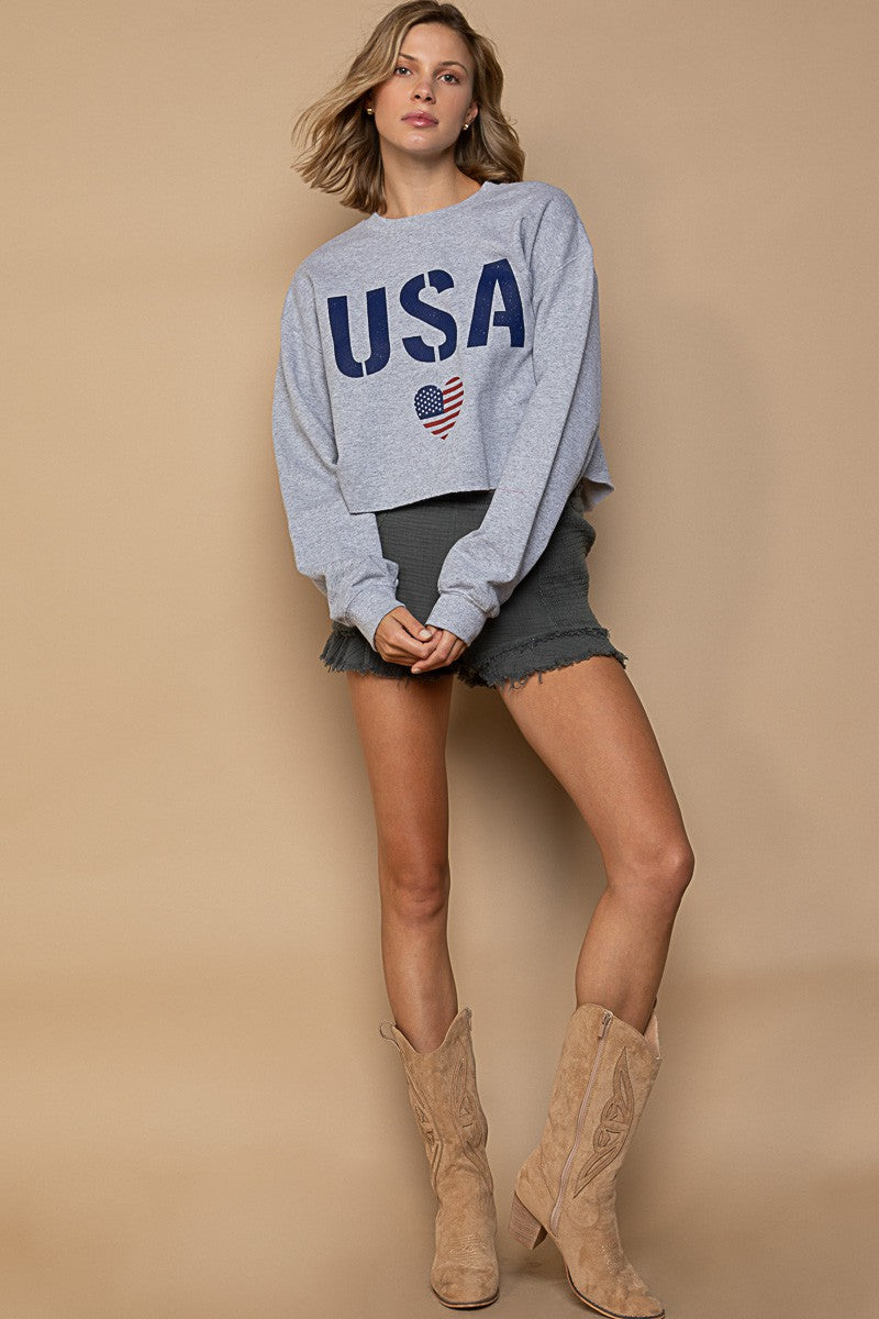 POL Patriotic Usa Print Crew Neck Cropped Sweatshirt Top