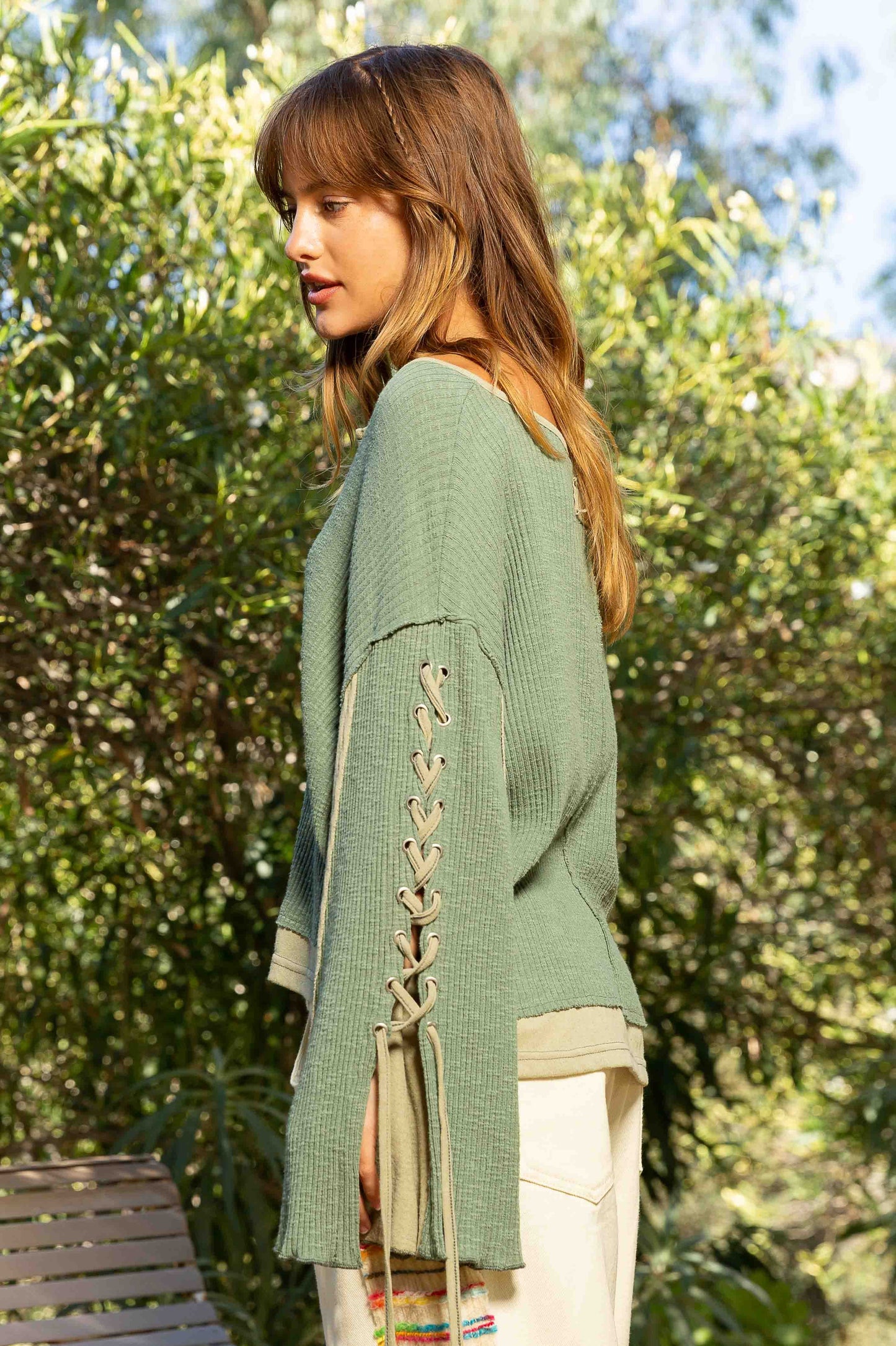 POL Notched Neck Lace-Up Sleeve Color Block Knit Top