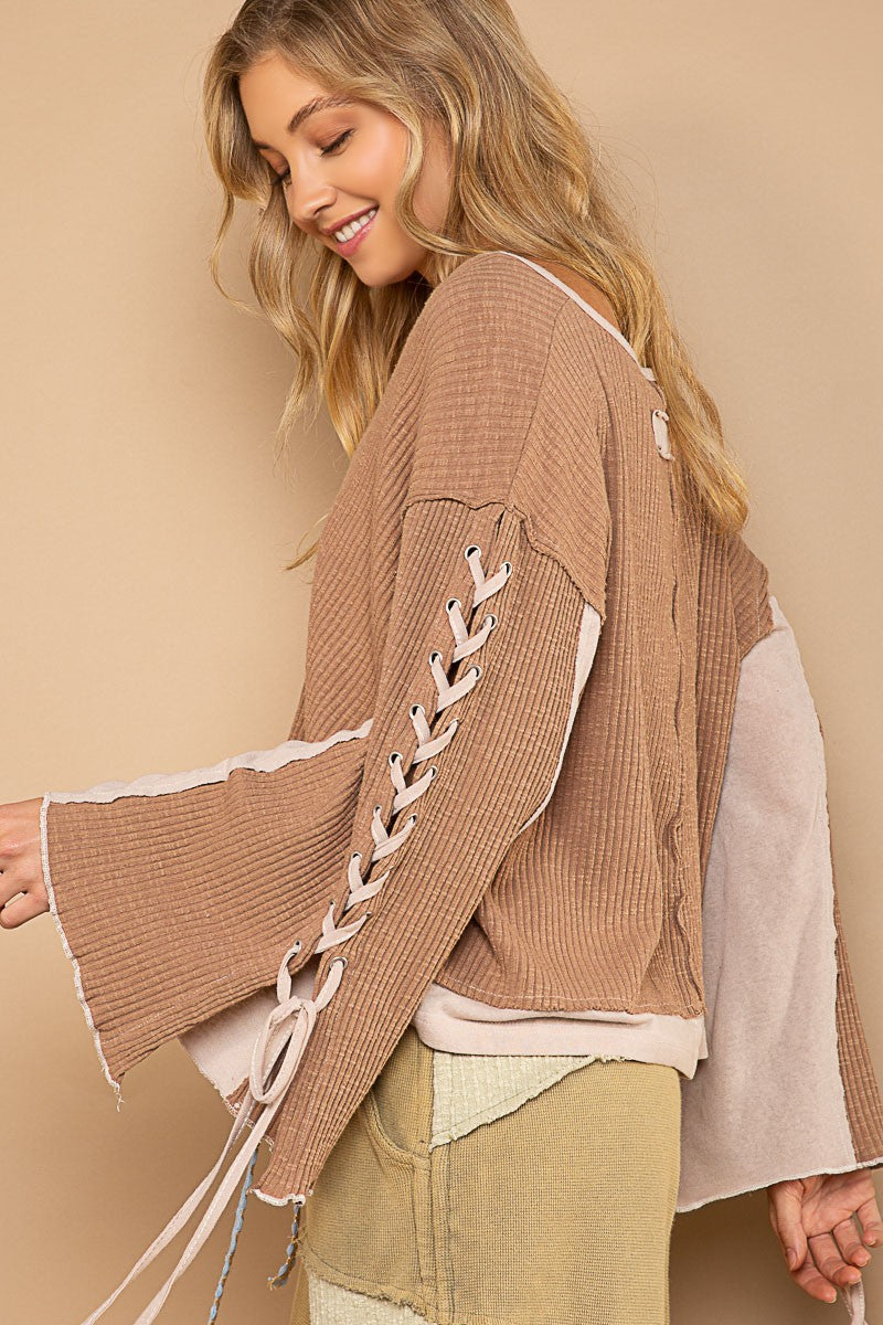 POL Notched Neck Lace-Up Sleeve Color Block Knit Top