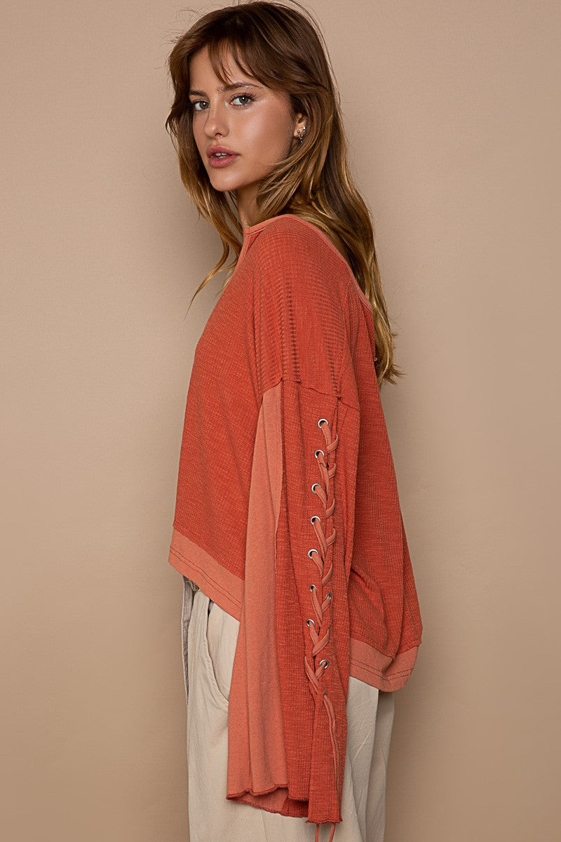 POL Notched Neck Lace-Up Sleeve Color Block Knit Top