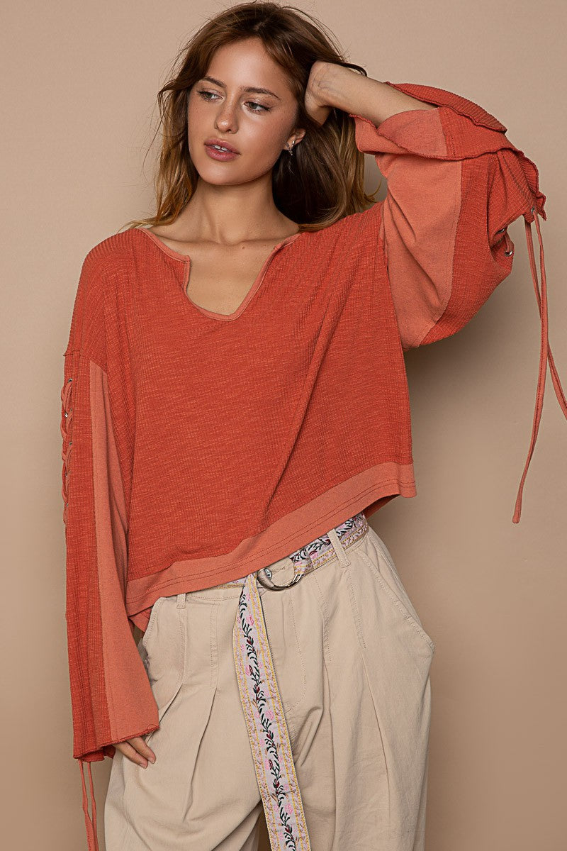 POL Notched Neck Lace-Up Sleeve Color Block Knit Top