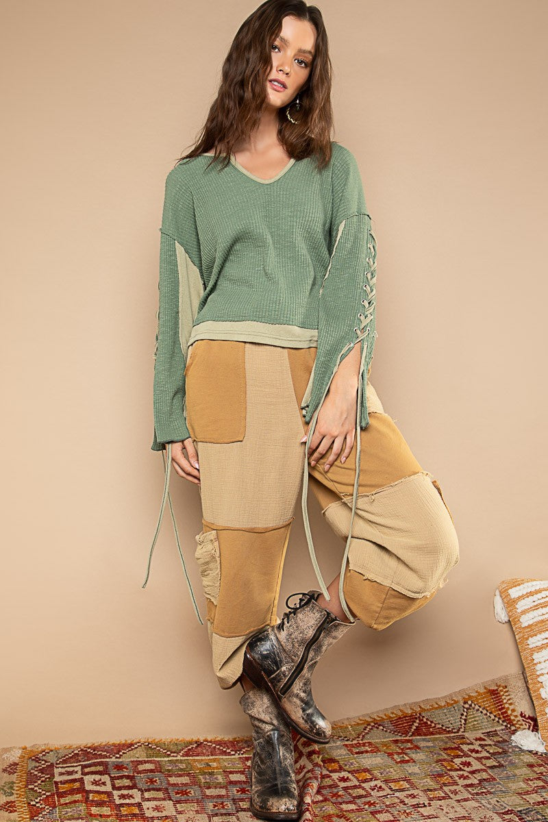 POL Notched Neck Lace-Up Sleeve Color Block Knit Top