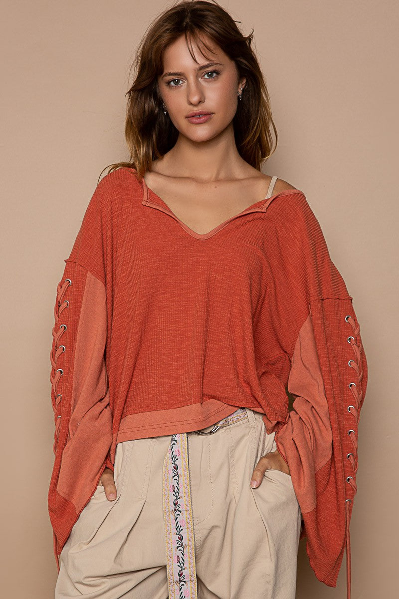 POL Notched Neck Lace-Up Sleeve Color Block Knit Top