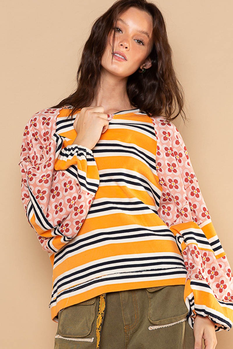 POL Boat Neck Contrast Stripe Pattern Floral Print Top - Roulhac Fashion Boutique