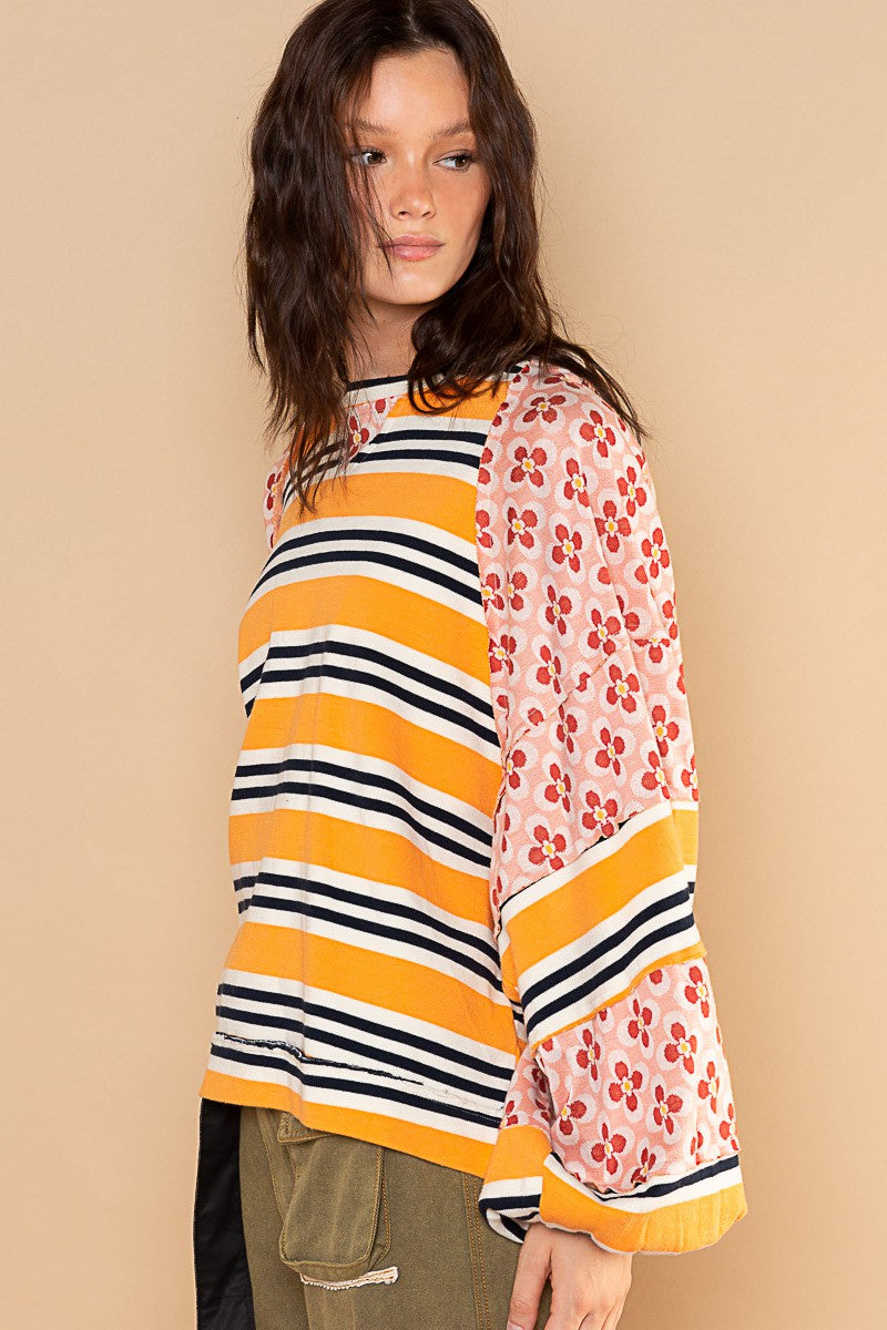 POL Boat Neck Contrast Stripe Pattern Floral Print Top - Roulhac Fashion Boutique