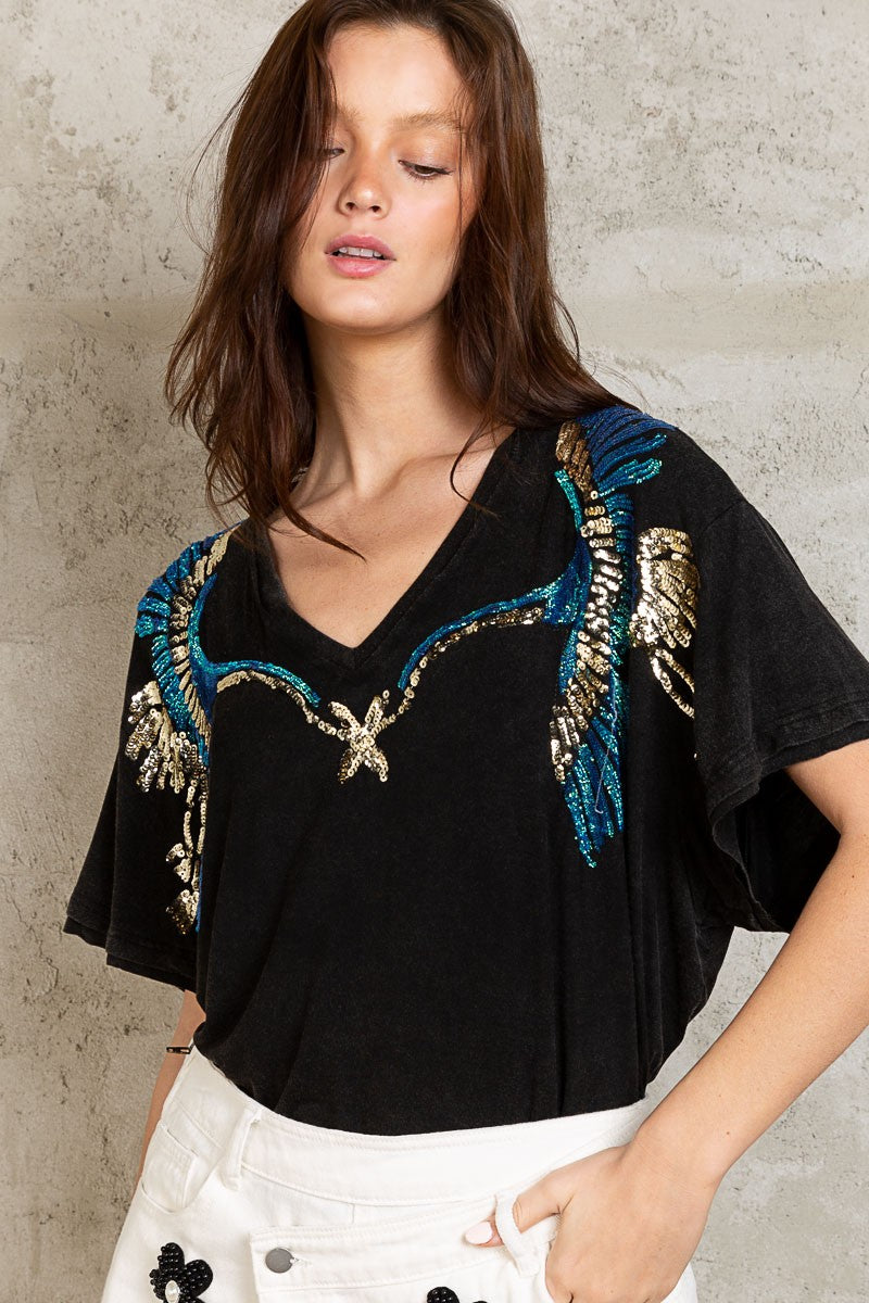 POL Embroidered Sequin And Beads Detail Short Length Sleeve VNeck Top - Roulhac Fashion Boutique