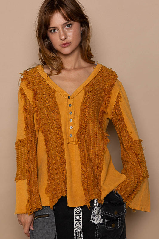 POL Flare Sleeve Contrast Panels V Neck Knit Top