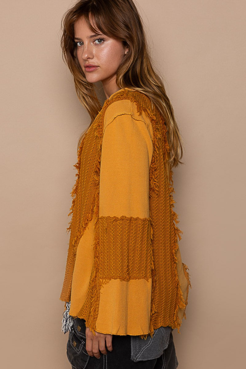 POL Flare Sleeve Contrast Panels V Neck Knit Top