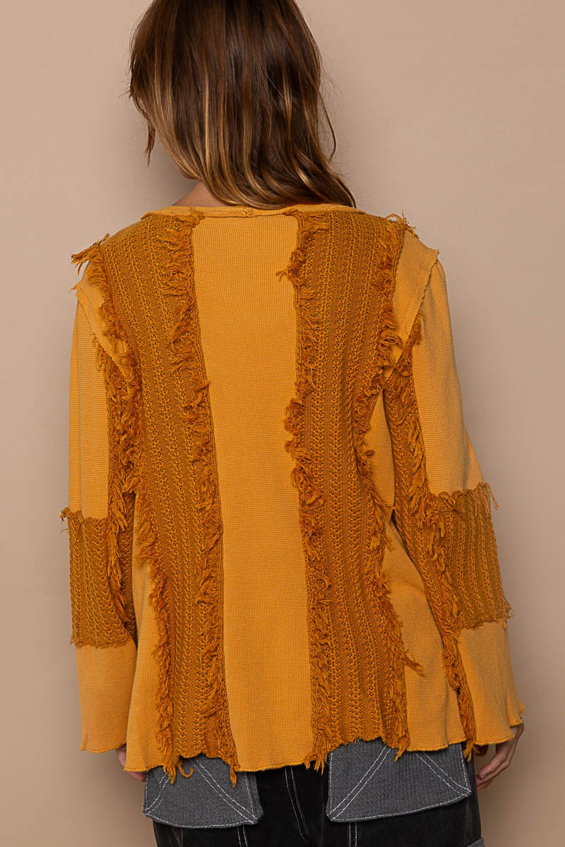 POL Flare Sleeve Contrast Panels V Neck Knit Top