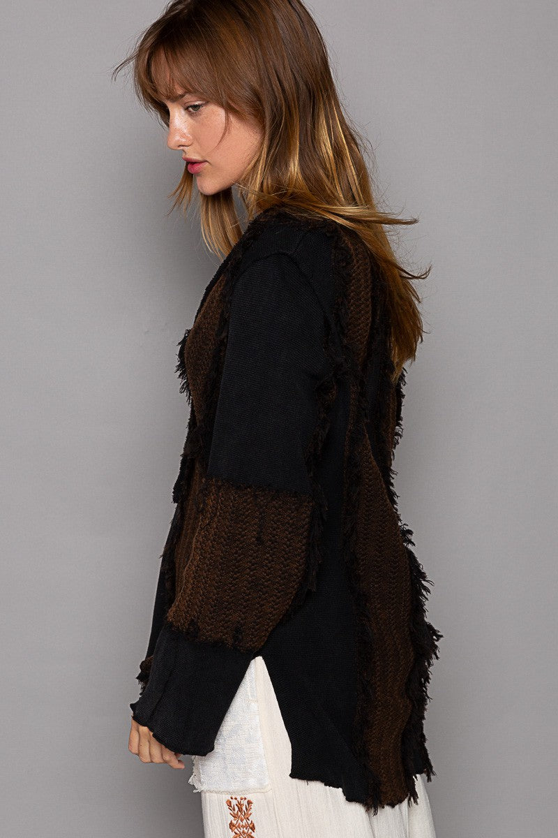 POL Flare Sleeve Contrast Panels V Neck Knit Top