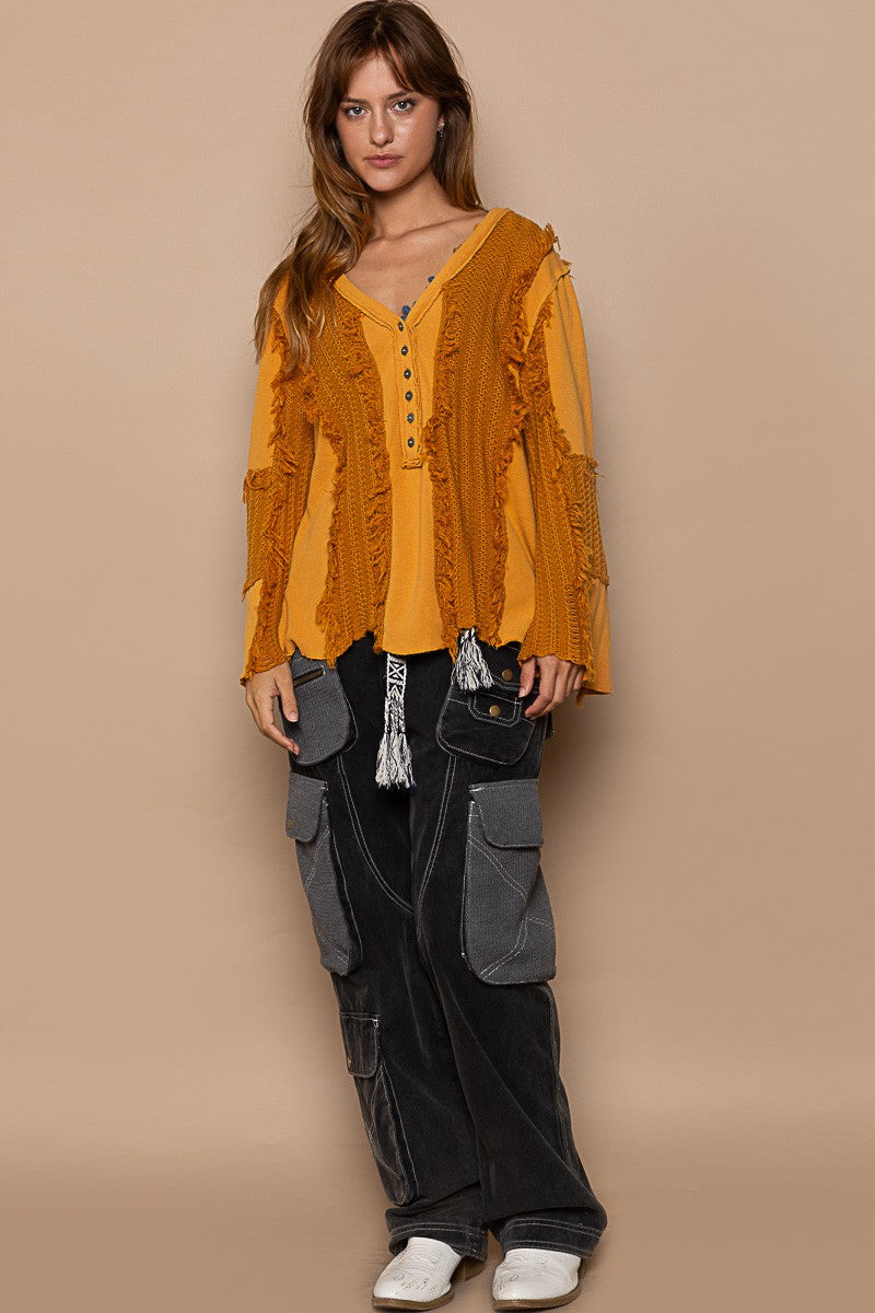 POL Flare Sleeve Contrast Panels V Neck Knit Top