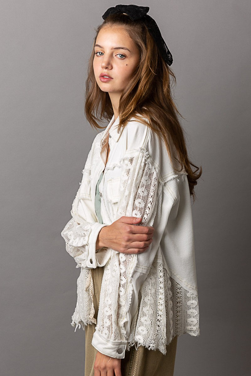 POL Oversize Contrast Lace Crochet Button Down Long Sleeve Shirt Jacket - Roulhac Fashion Boutique