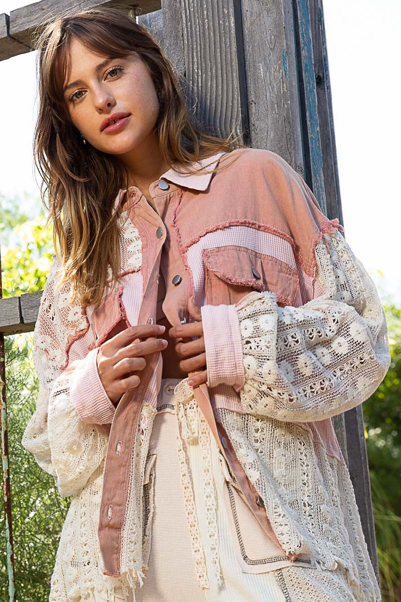 POL Oversize Contrast Lace Crochet Button Down Long Sleeve Shirt Jacket