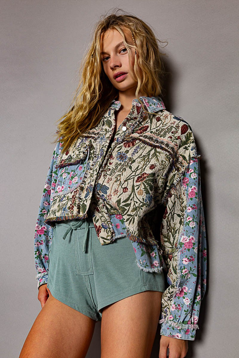 POL Oversized Fit Floral Print Hi-Lo Oversized Fit Denim Jacket - Roulhac Fashion Boutique