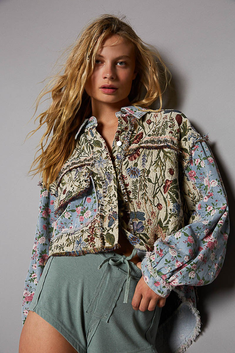 POL Oversized Fit Floral Print Hi-Lo Oversized Fit Denim Jacket - Roulhac Fashion Boutique