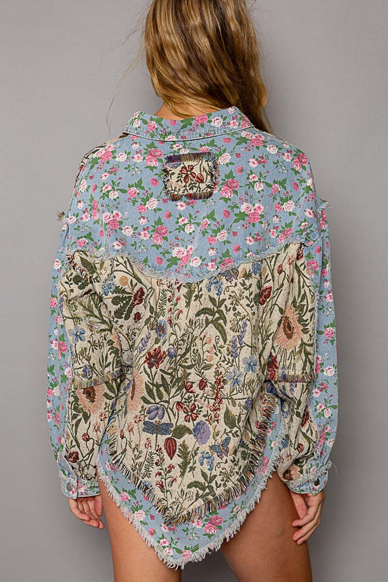 POL Oversized Fit Floral Print Hi-Lo Oversized Fit Denim Jacket - Roulhac Fashion Boutique