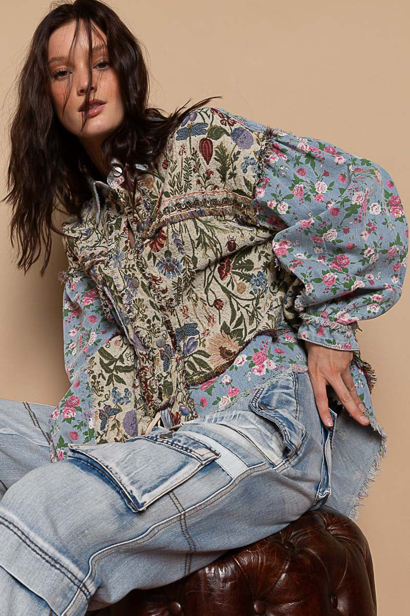 POL Oversized Fit Floral Print Hi-Lo Oversized Fit Denim Jacket
