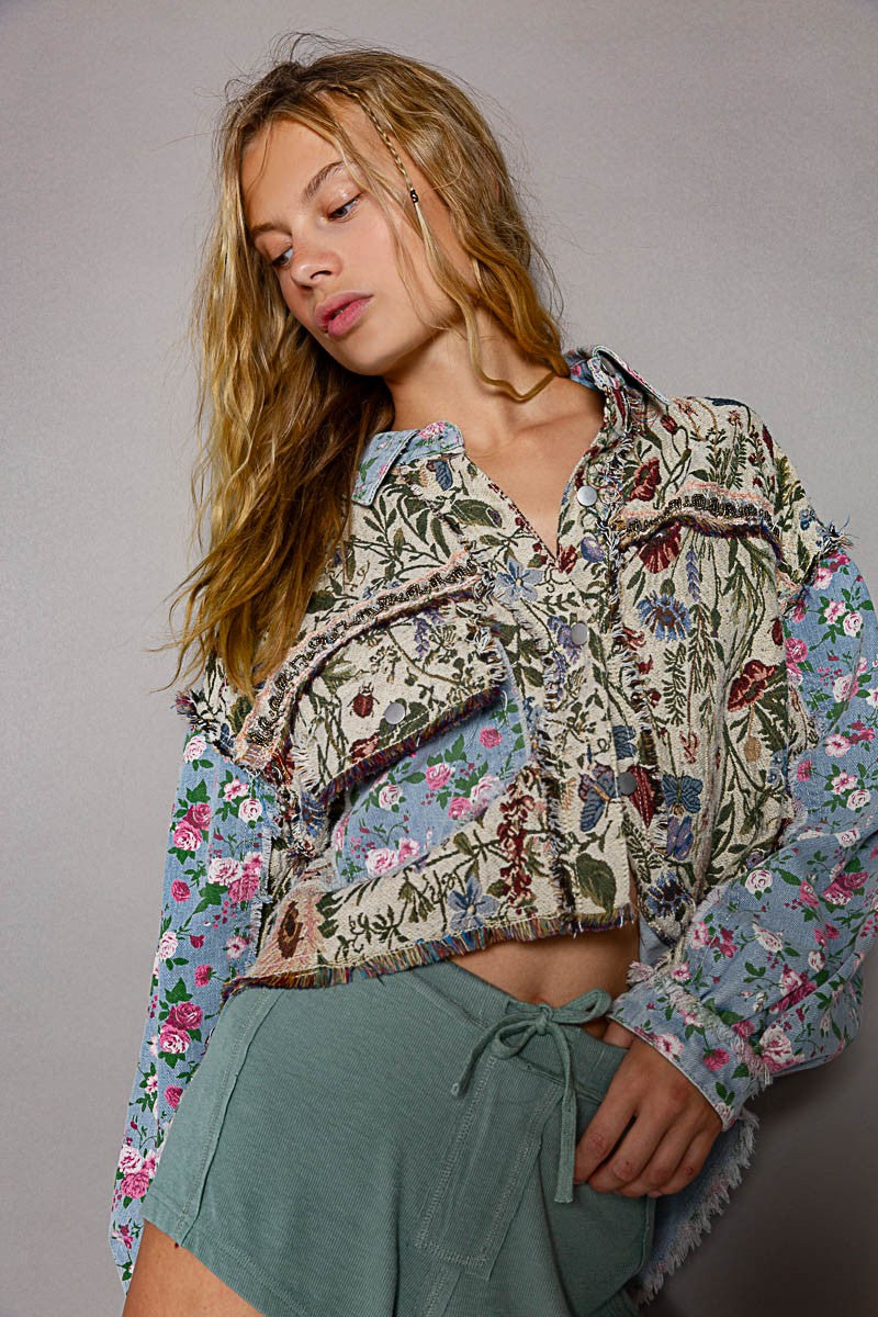 POL Oversized Fit Floral Print Hi-Lo Oversized Fit Denim Jacket - Roulhac Fashion Boutique