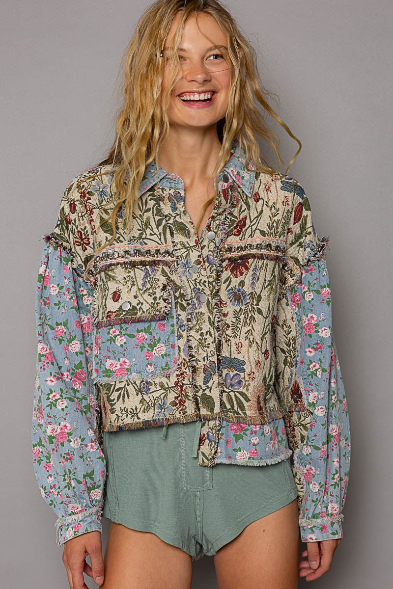 POL Oversized Fit Floral Print Hi-Lo Oversized Fit Denim Jacket - Roulhac Fashion Boutique