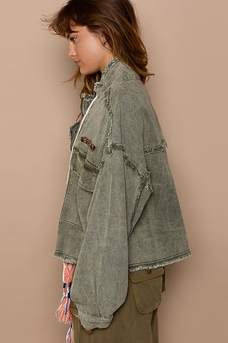 POL High Neck Zippered Snap Button Pockets Long Sleeves Jacket