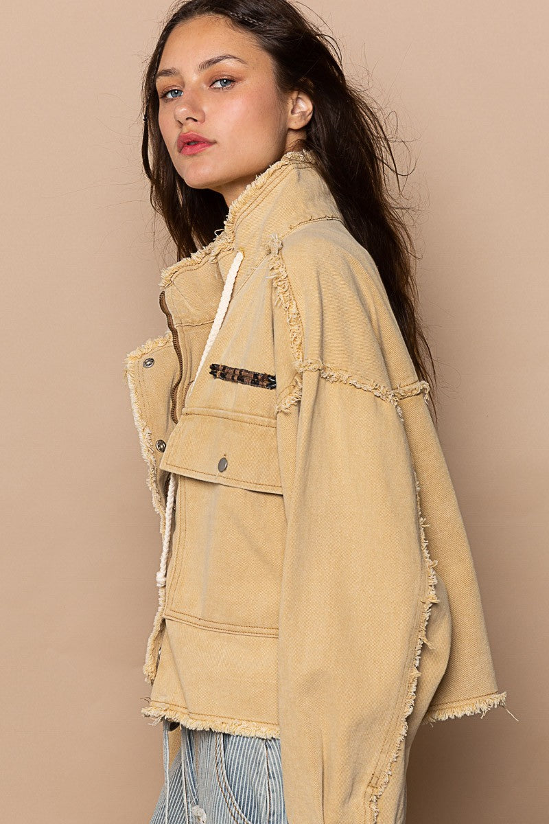 POL High Neck Zippered Snap Button Pockets Long Sleeves Jacket